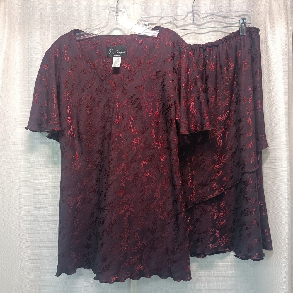 Vtg SL Fashions Woman Burgundy Red‎ Floral Jacquard Skirt Set 2pc V-Neck 24W